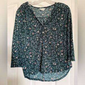 H&M Women’s Floral Loose Fit Top Shirt 3/4 Sleeves Dark Green Medium M